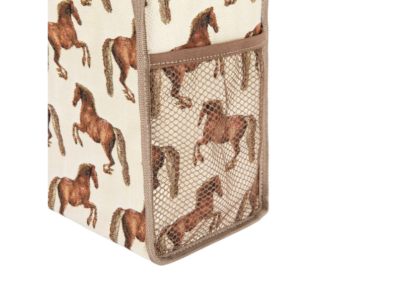 Storage bag with horse pattern and mesh pocket on a white background