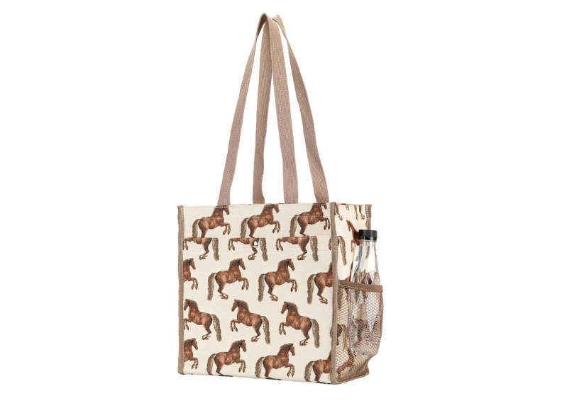 Tote bag with horse pattern and mesh side pocket on a white background