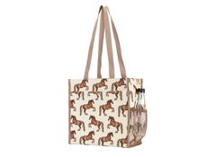 Tote bag with horse pattern and mesh side pocket on a white background
