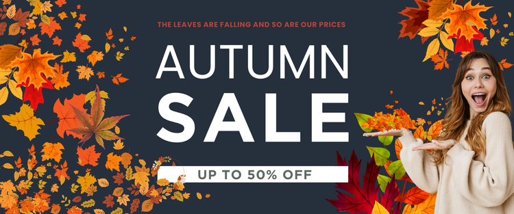 Autumn sale banner with colorful leaves and a woman holding an open palm.