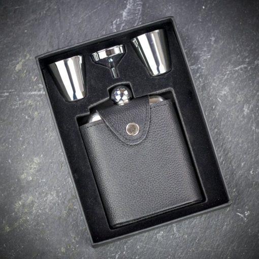black leather hip flask with 2 shot stainless steels in presentation box