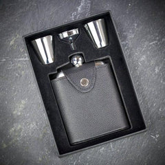 black leather hip flask with 2 shot stainless steels in presentation box
