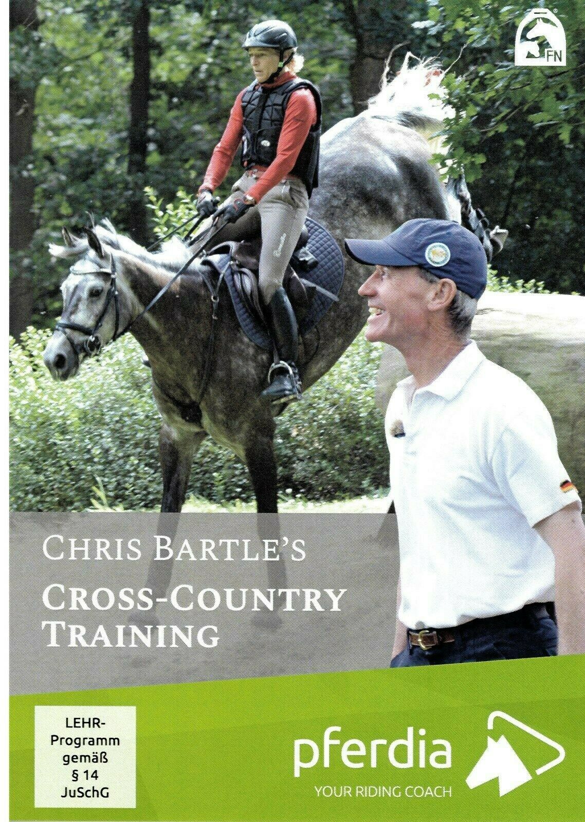 Book cover of 'Chris Bartle's Cross-Country Training' with a person on a horse and another person standing next to it, featuring the pferdia brand.