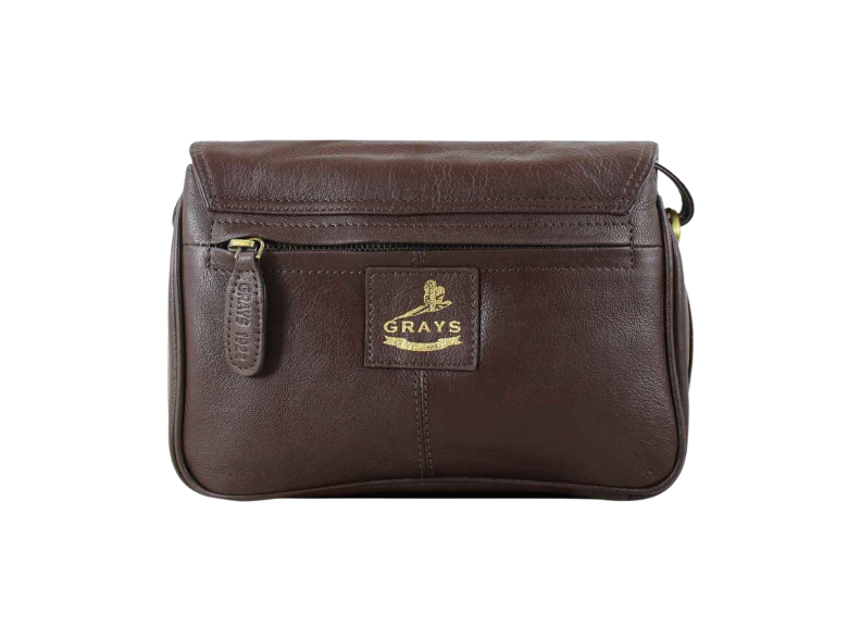 Brown leather bag with 'Grays' logo on a white background