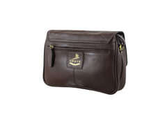 Brown leather bag rear view with Grays logo and zip compartment