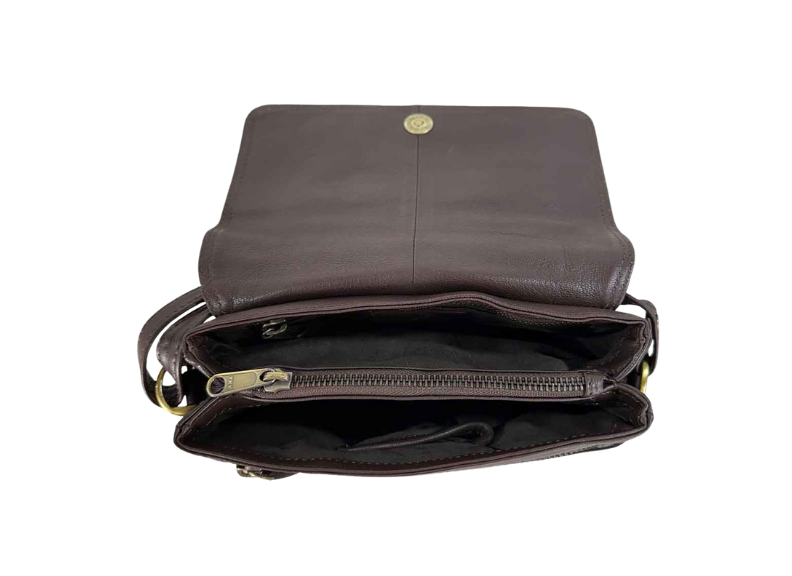 Brown leather bag with gold zipper on a white background