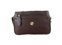Brown leather handbag with gold zipper and button on a white background
