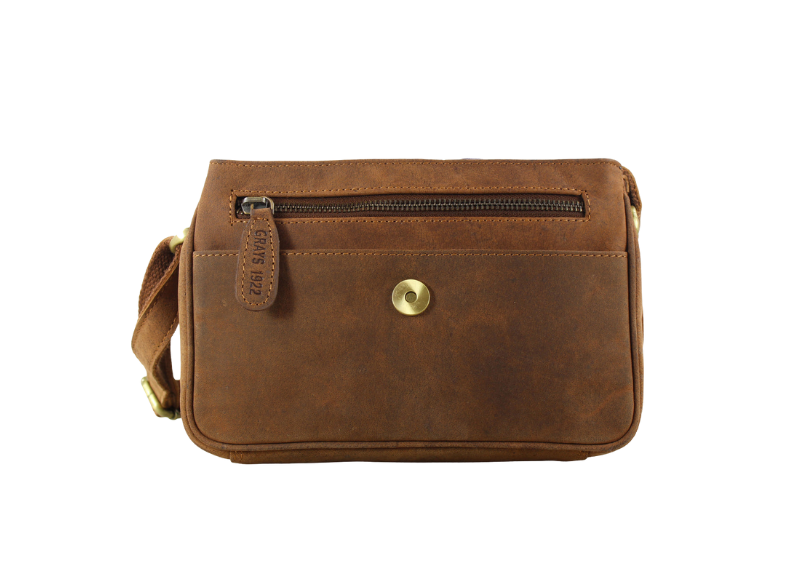 Rear of Hunter leather bag with button compartment and zip compartment with white background