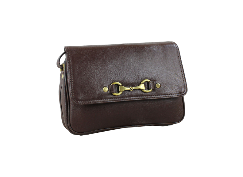 Brown leather handbag with gold hardware on a white background