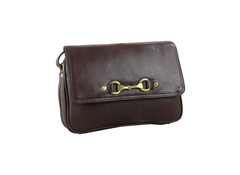 Brown leather handbag with gold hardware on a white background