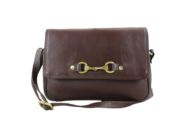 Brown leather handbag with gold hardware on a white background