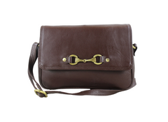 Brown leather handbag with gold hardware on a white background