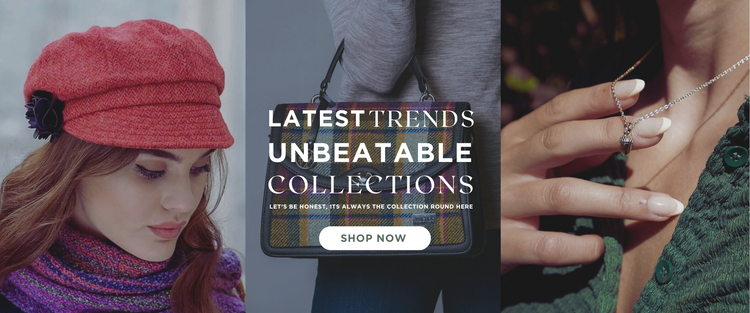 Promotional banner with a woman wearing a red hat, a person holding a phone, and a close-up of a hand with a ring. Text encourages shopping for latest trends and unbeatable collections.