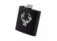 stag head whiskey flask in black on a white background