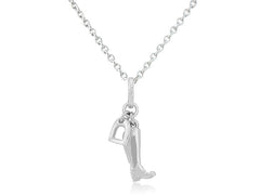 A sterling silver pendant featuring a riding boot and stirrup with a chain, displayed against a white background.
