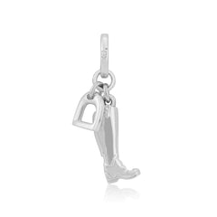 A sterling silver charm featuring a riding boot and stirrup with sparkly stones in the tread.